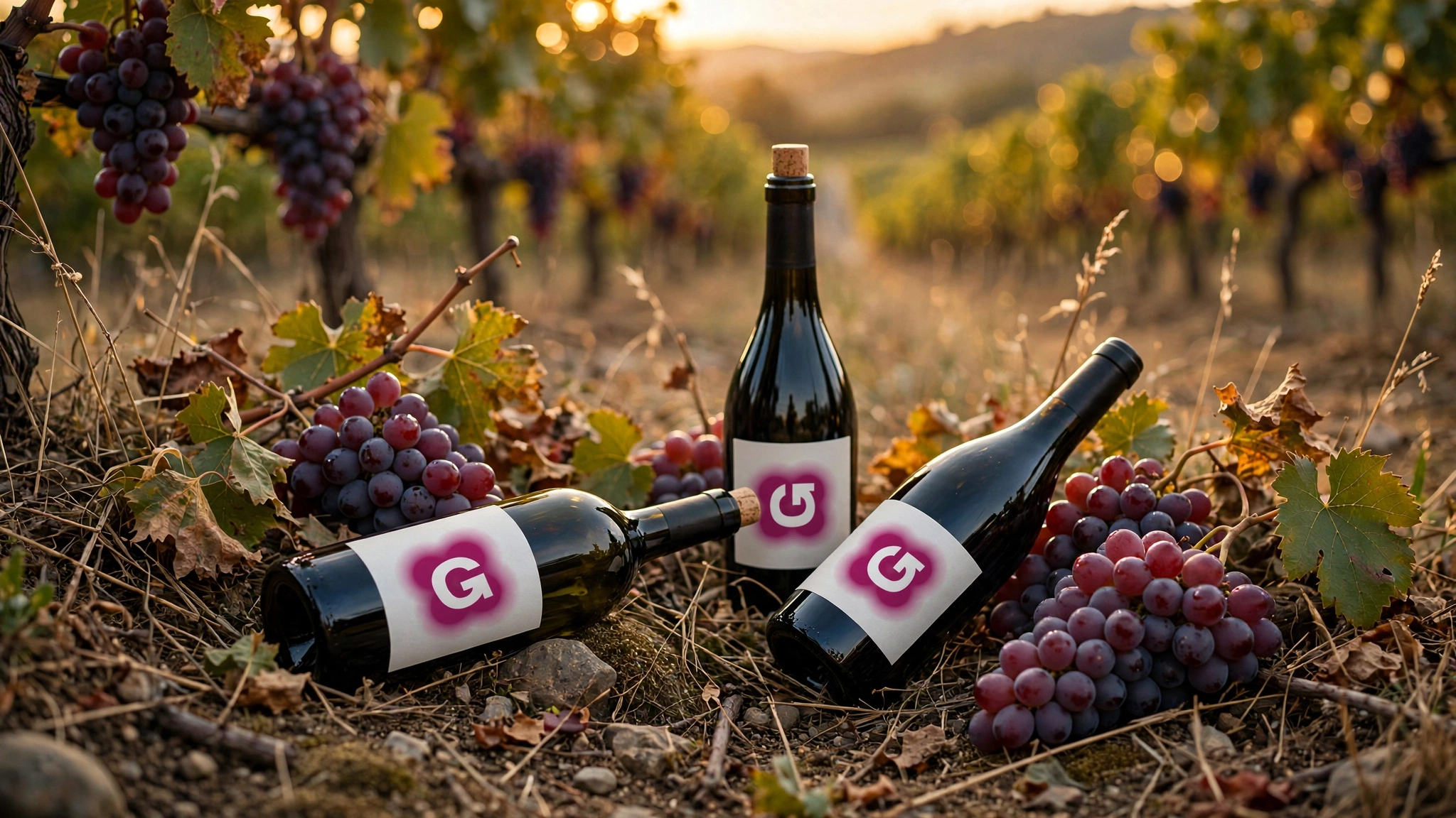 wine bottles vineyard sunset